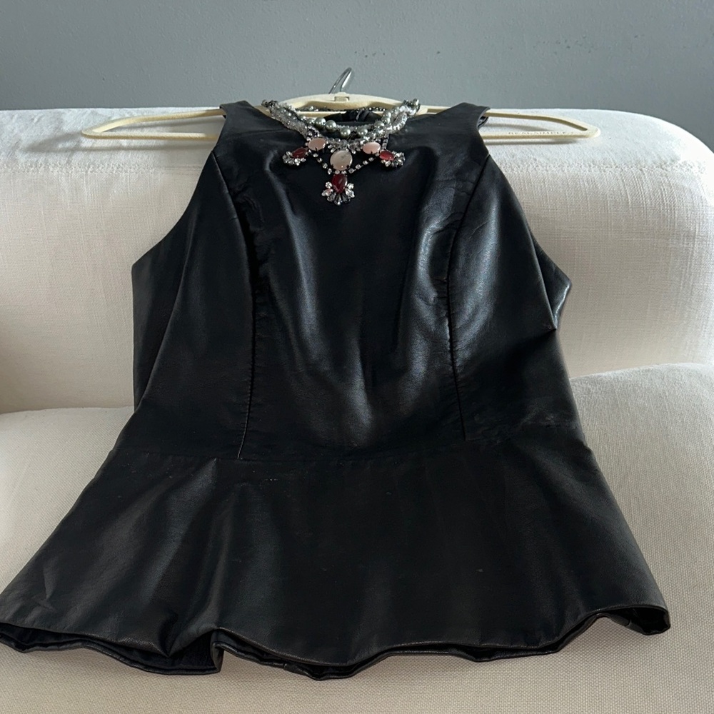 Blk Faux Leather Peplum Top
